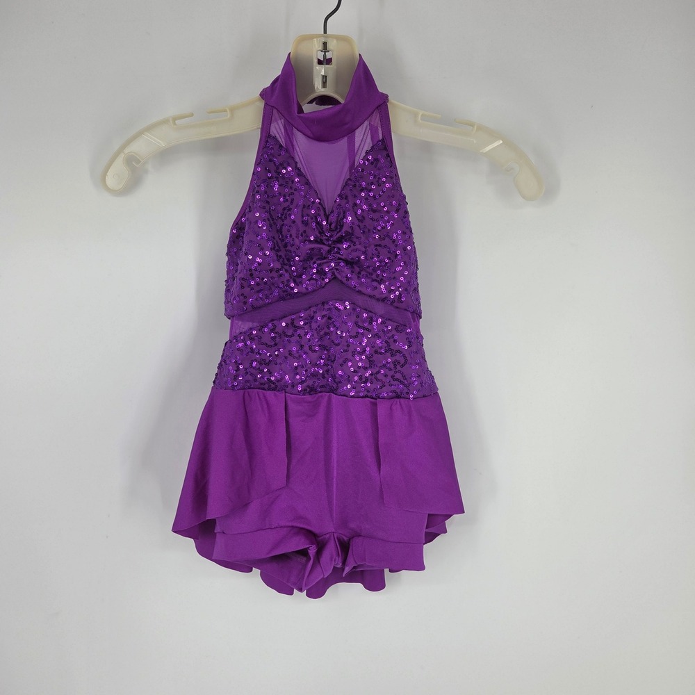 Weissman Purple Sequin Mock Neck Halter Dance Costume Skirted Leotard Kids SC